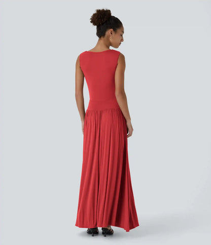 Ribbed Boat Neck Asymmetric Strap Ruched Pocket Flowy Maxi Casual Dress