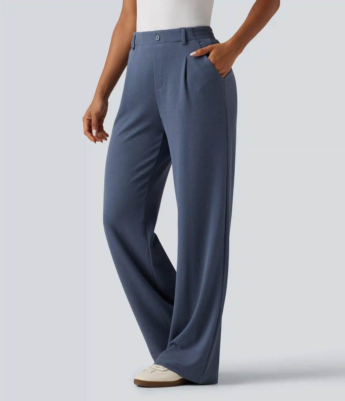High Waisted Wide Leg Waffle Work Pants with Pockets