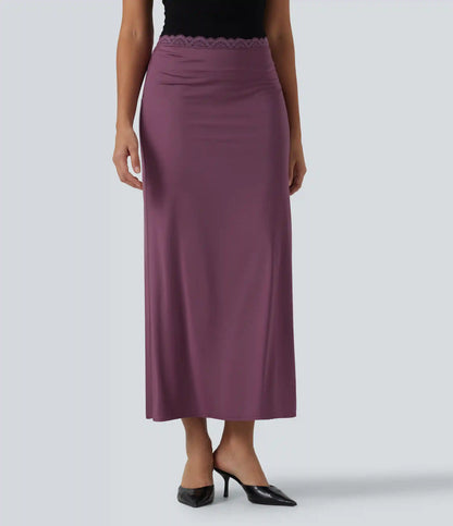 Mid Rise Contrast Lace Stretchy Satin-Like InstantCool Maxi Party Pencil Skirt