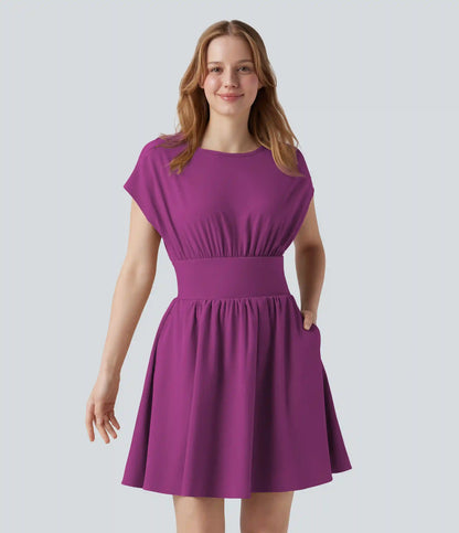 Breezeful™ Batwing Short Sleeve Flowy Quick Dry Mini Work Dress with Pockets