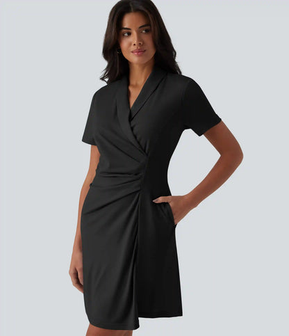 Shawl Collar Short Sleeve Mini Work Dress