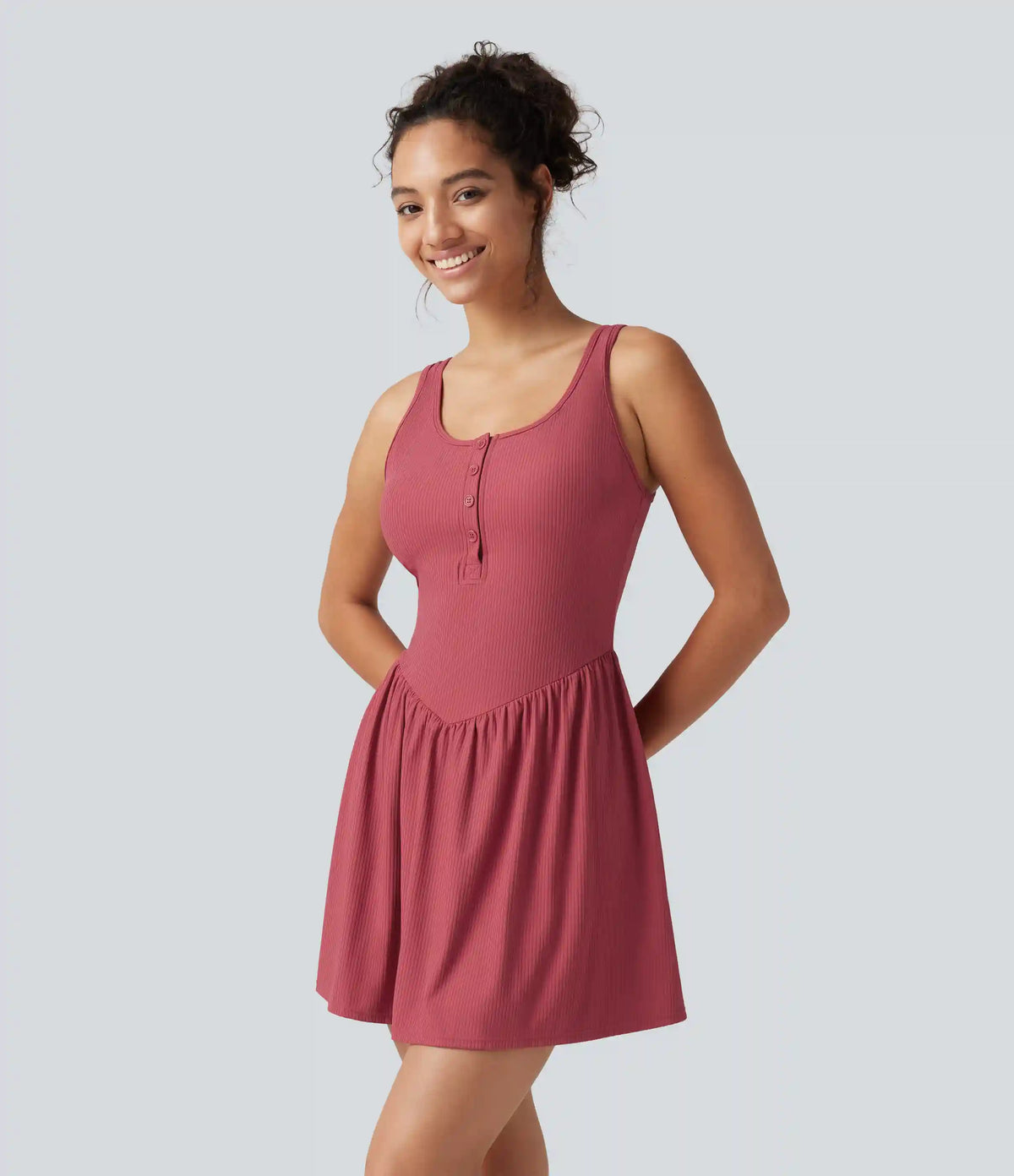 Ribbed Henley Neck Built-in Bra 2-in-1 Mini Tennis Active Tank Dress with Pockets-Easy Peezy Edition