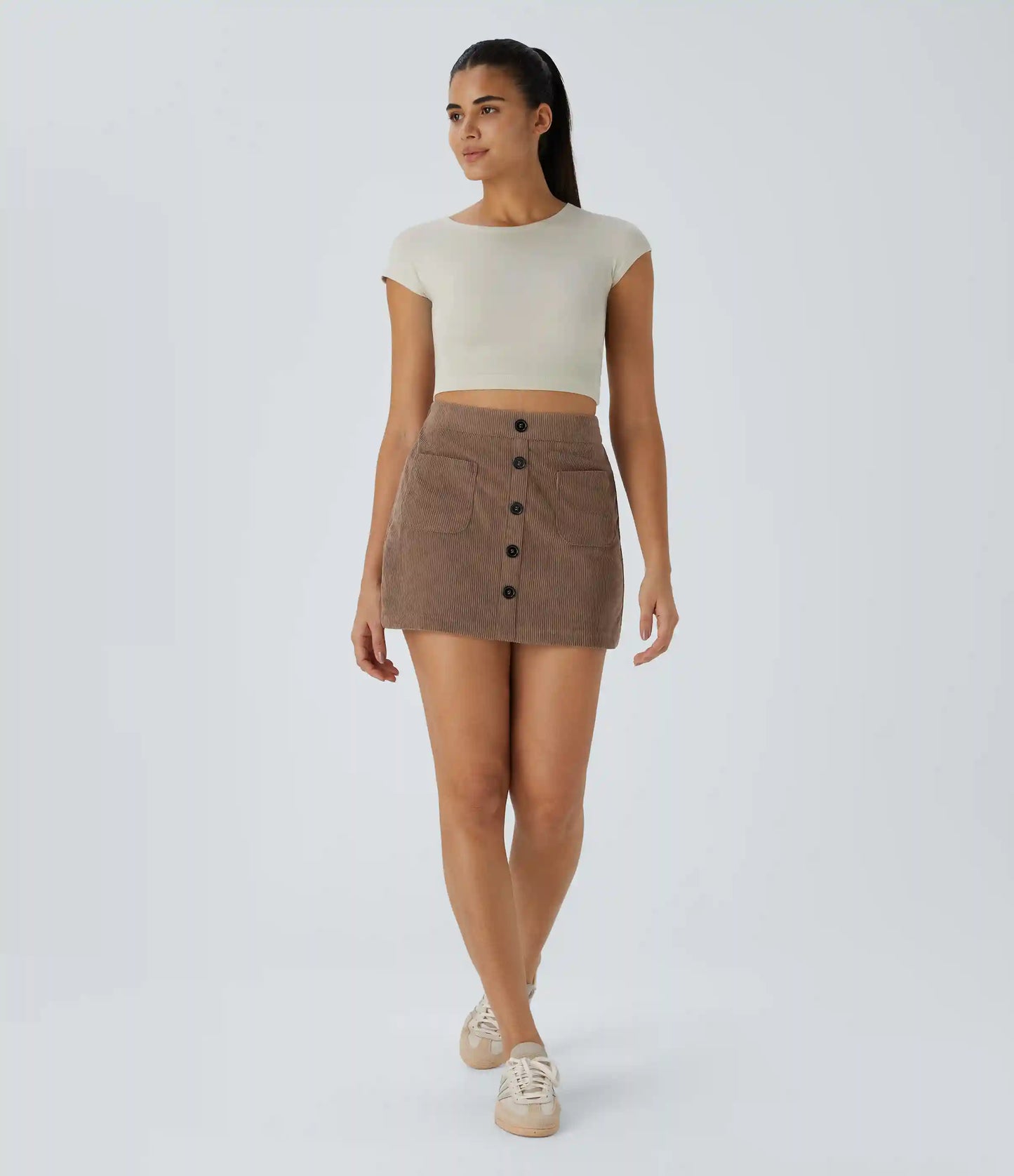 High Waisted Pocket Zipper 2-in-1 Corduroy Mini Casual Skirt