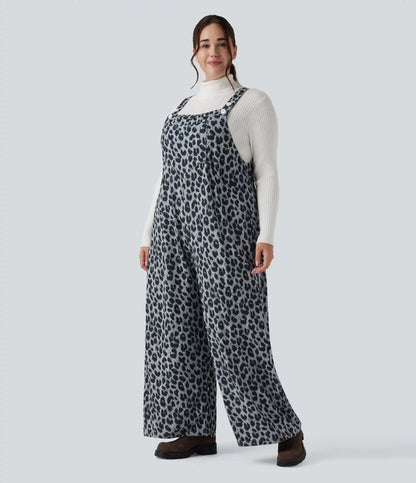 Leopard Print Waffle Casual Plus Size Overalls with Pockets