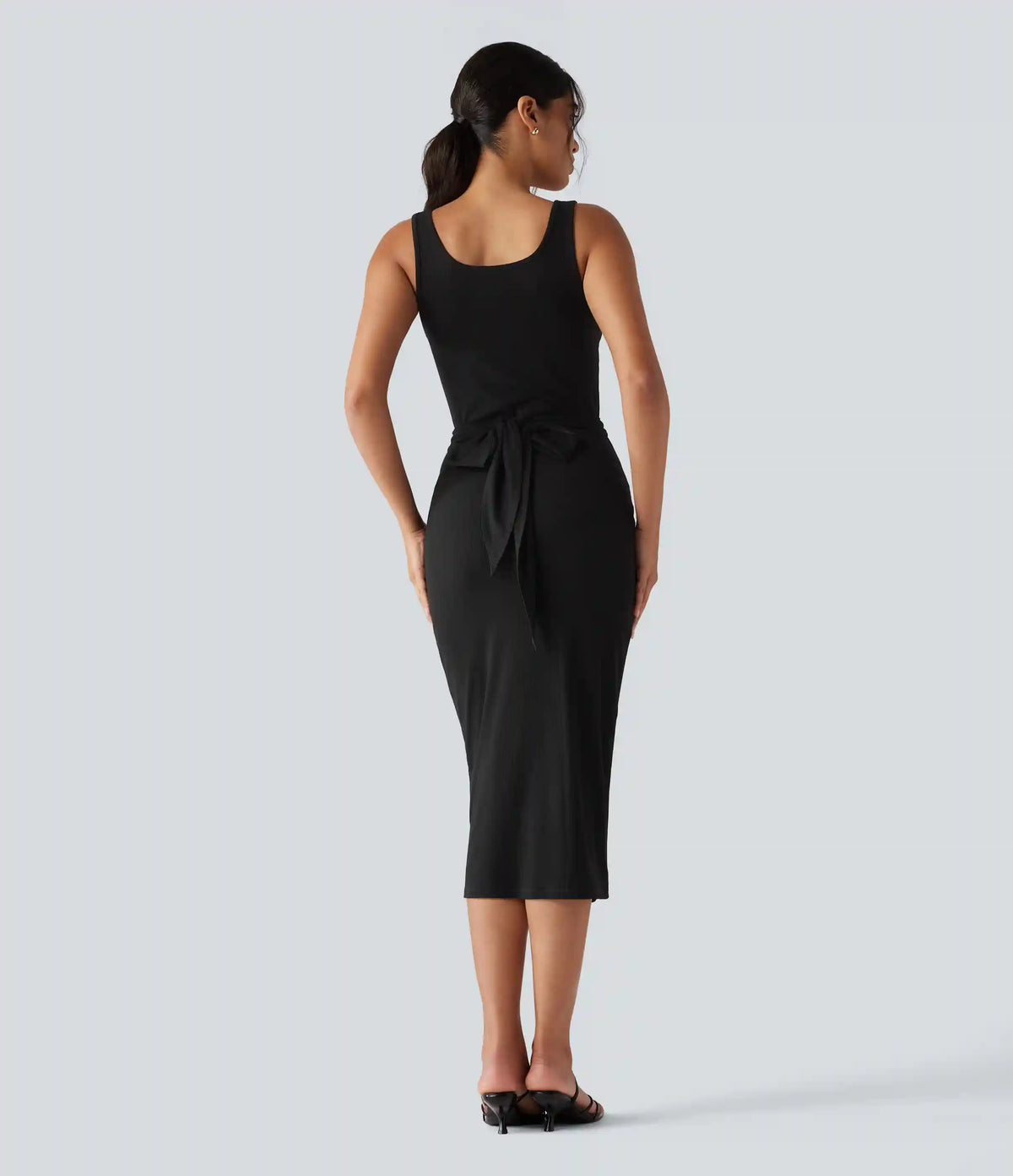 Ribbed Knit U Neck Sleeveless Heathered Bodycon Midi Casual Dress