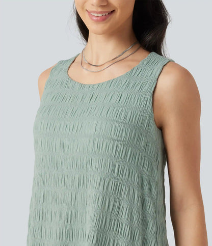 Round Neck Built-in Bra Sleeveless Ruffle Hem Mini Casual Dress DD-F Cups