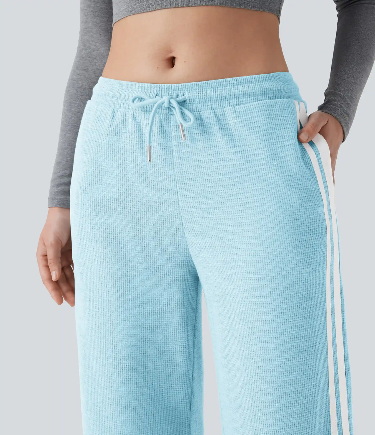 Low Rise Drawstring Color Block Snap Waffle Casual Wide Leg Pants with Pockets