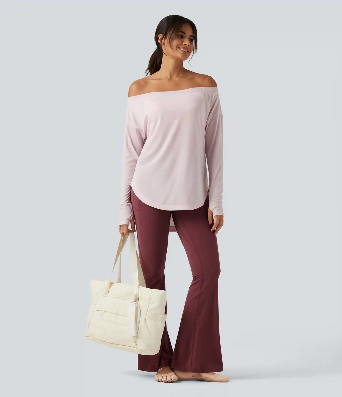 Off Shoulder Long Sleeve Build-in Bra Quick Dry Yoga Sports Tops