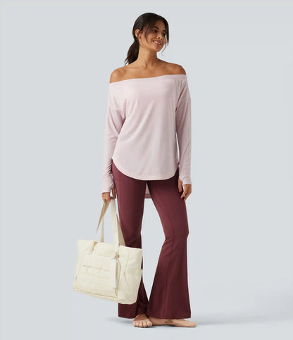 Off Shoulder Long Sleeve Build-in Bra Quick Dry Yoga Sports Tops