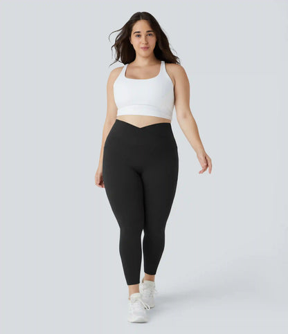 SoftlyZero™ High Waisted Crossover Pocket Plain Plus Size Full Length Leggings