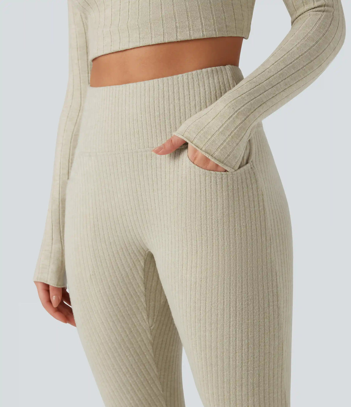 Ribbed Knit High Waisted Crisscross Back Casual Leggings with Pockets