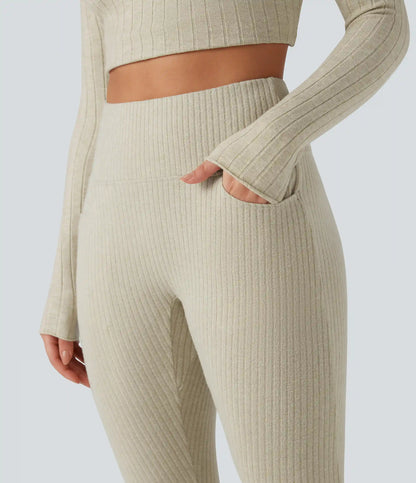 Ribbed Knit High Waisted Crisscross Back Casual Leggings with Pockets