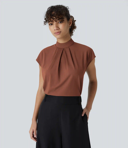 Stand Collar Back Cap Sleeve Work Blouse