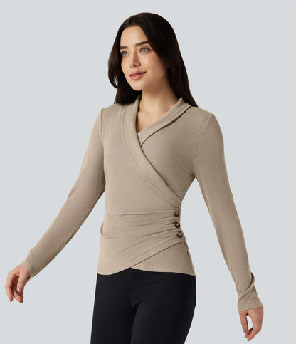 Ribbed Knit V-neck Crossover Long Sleeve Work Top