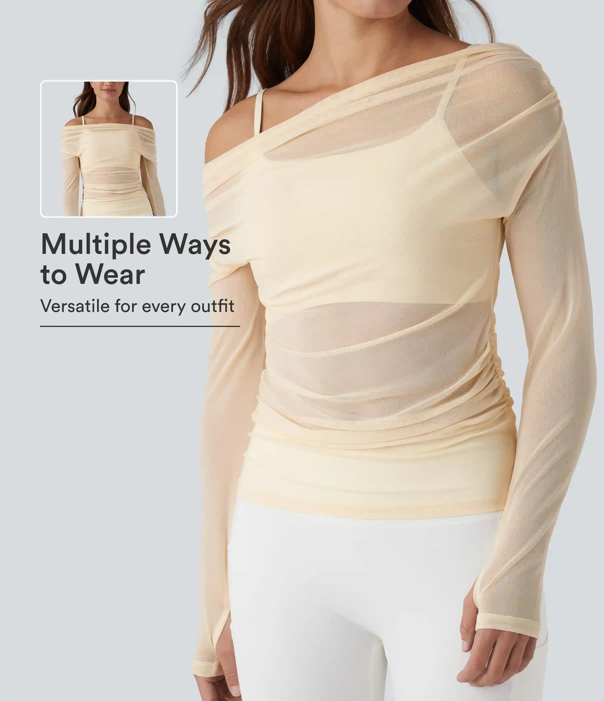 One-shoulder Long Sleeve Thumb Holes Ruched Mesh 2-in-1 Yoga Sports Top