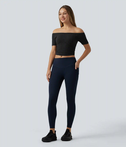 OneForm Seamless Flow Off Shoulder Short Sleeve Built-in Bra Cropped Yoga Sports Top