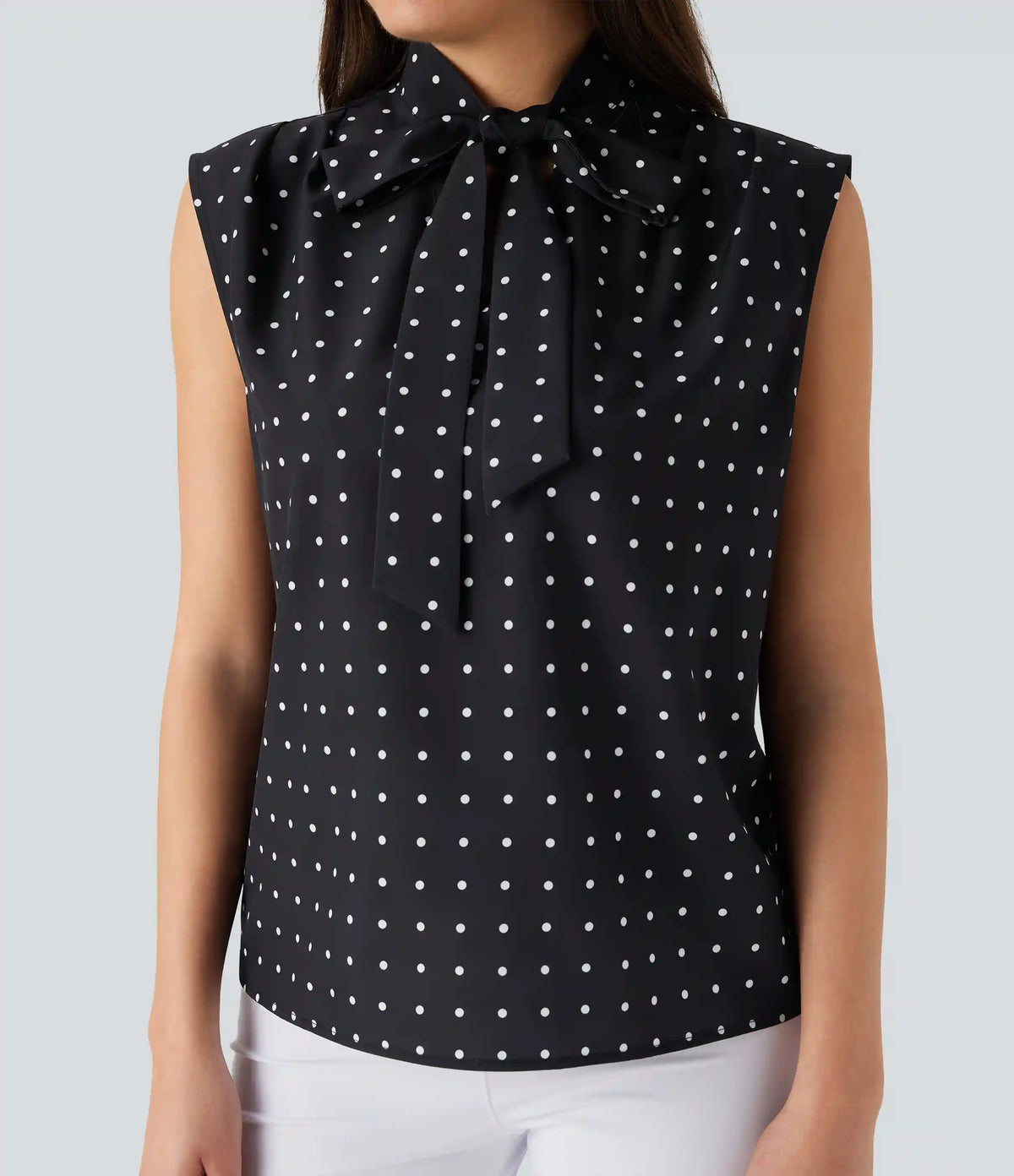 Tie Front Sleeveless Polka Dot Work Shirt