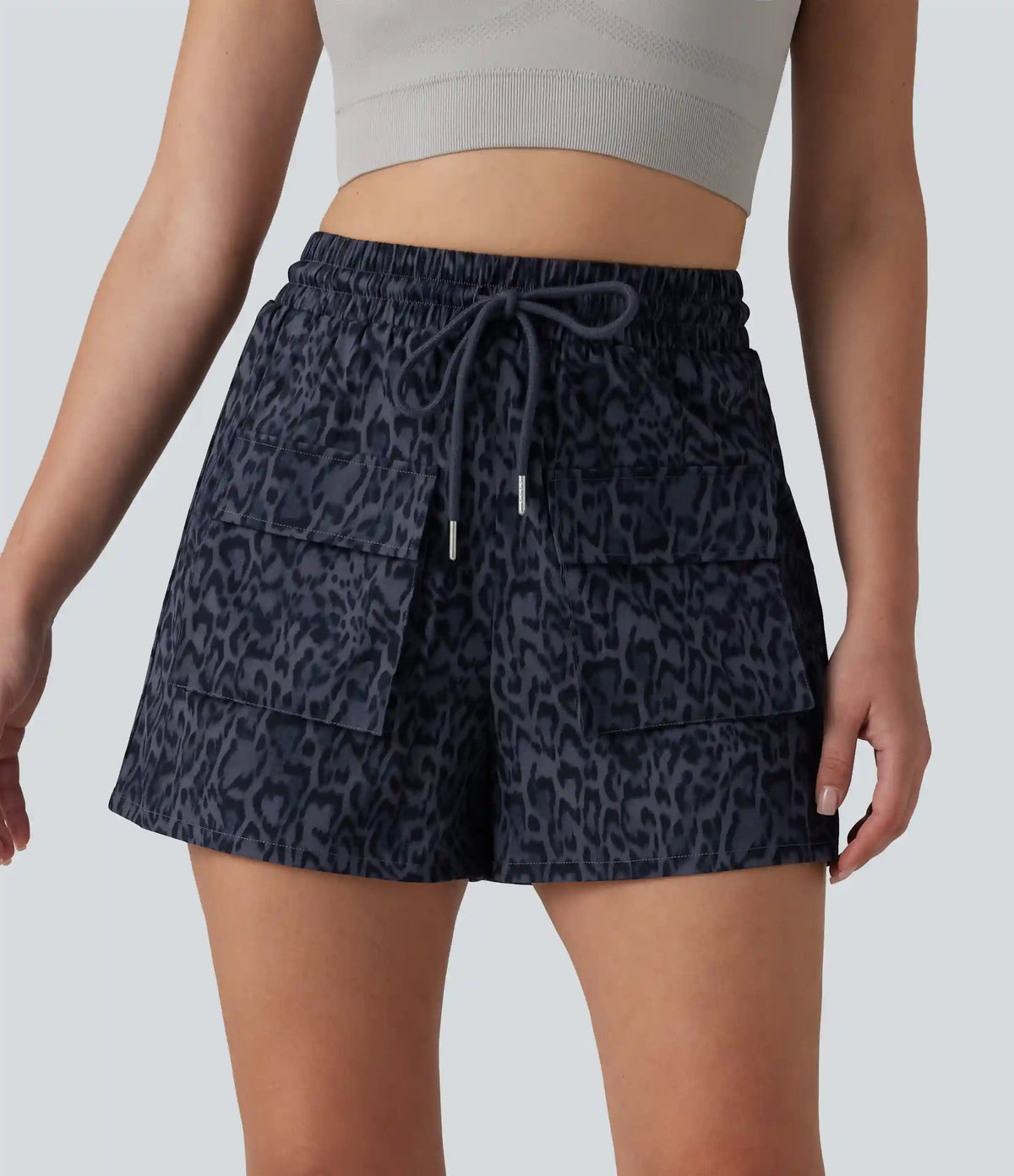 High Waisted Drawstring Leopard Print Workout Cargo Baggy Shorts with Pockets