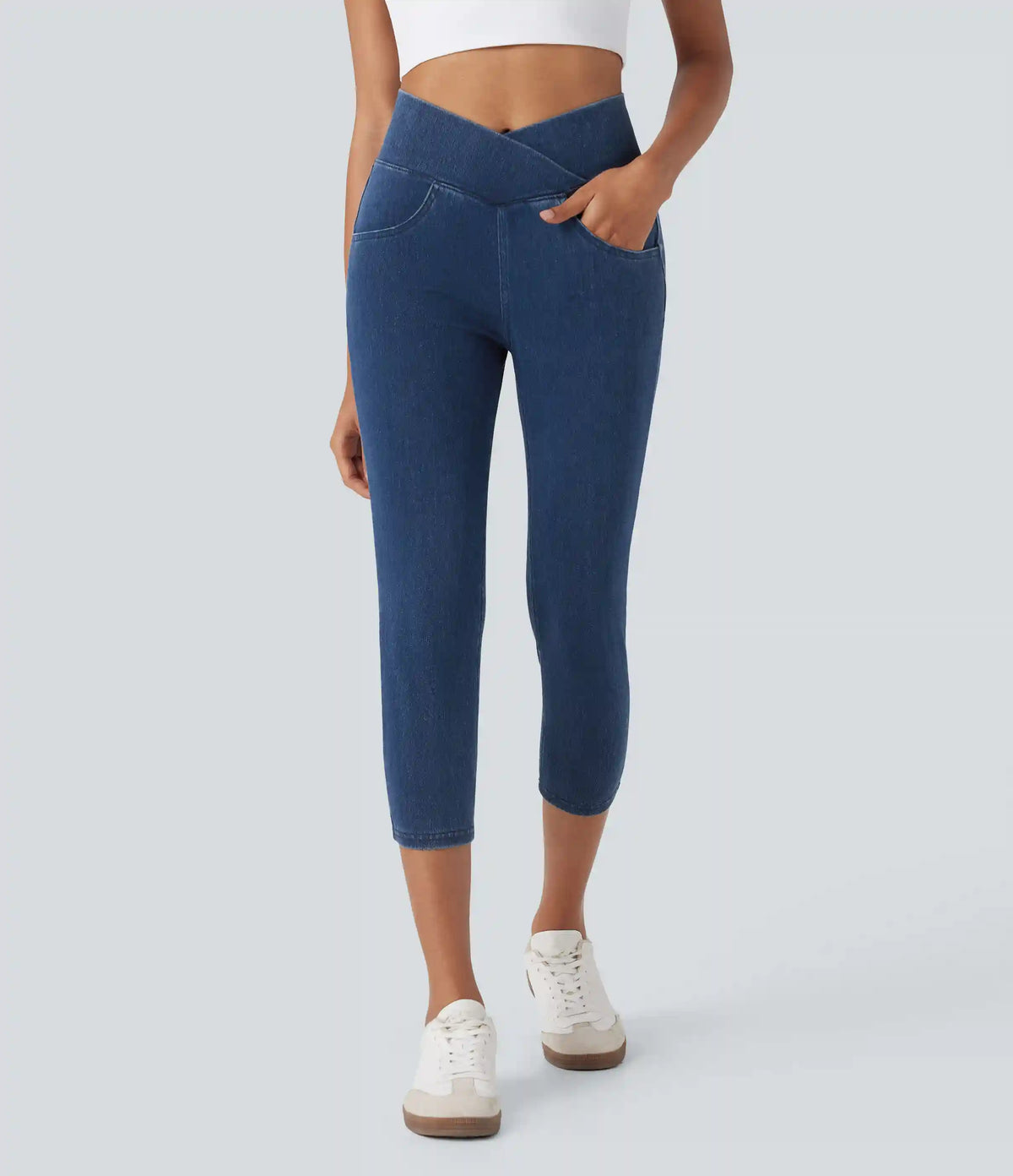 Halara Flex™ Crossover High Waisted Denim Casual Capri Leggings with Pockets