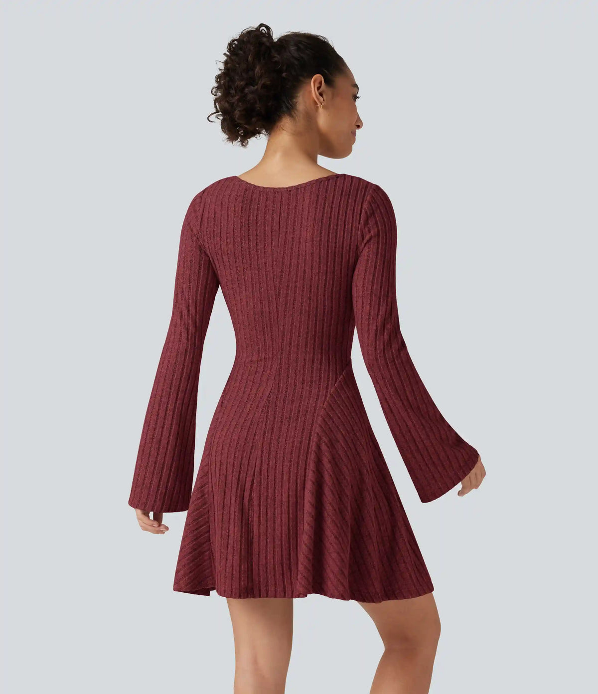 Ribbed Knit Square Neck Flounce Long Sleeve Decorative Knot Flare Mini Casual Dress