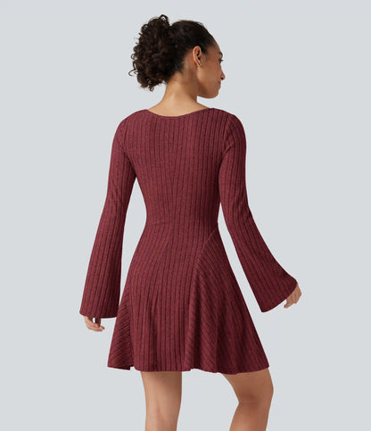 Ribbed Knit Square Neck Flounce Long Sleeve Decorative Knot Flare Mini Casual Dress