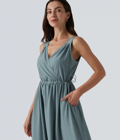 V Neck Sleeveless Midi Casual Dress with Pockets