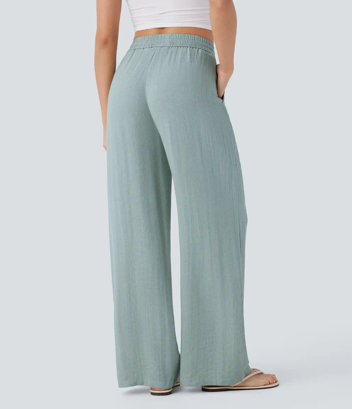 High Waisted Drawstring Pocket Wide Leg Baggy Casual Linen-Feel Pants