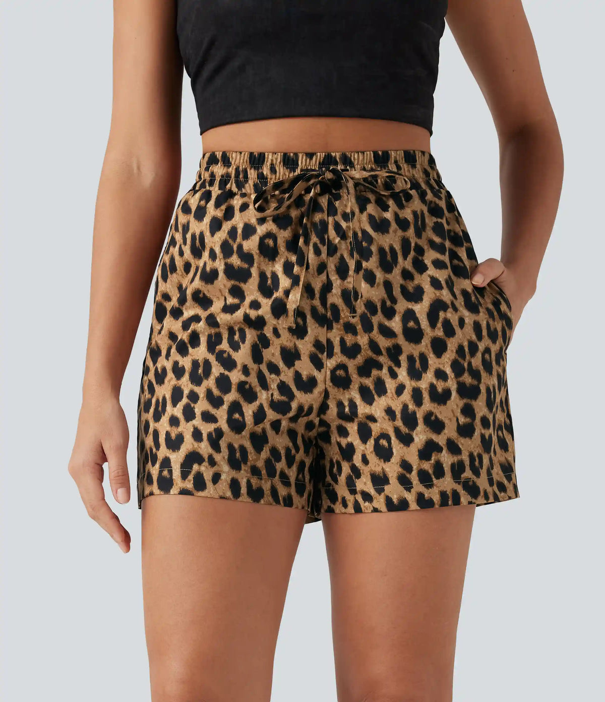 High Waisted Drawstring Leopard Print Casual Shorts with Pockets