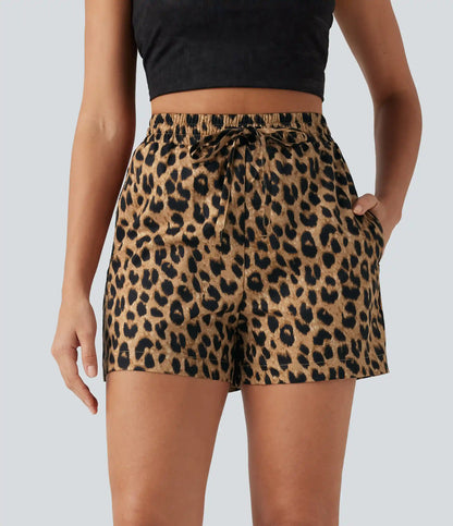 High Waisted Drawstring Leopard Print Casual Shorts with Pockets