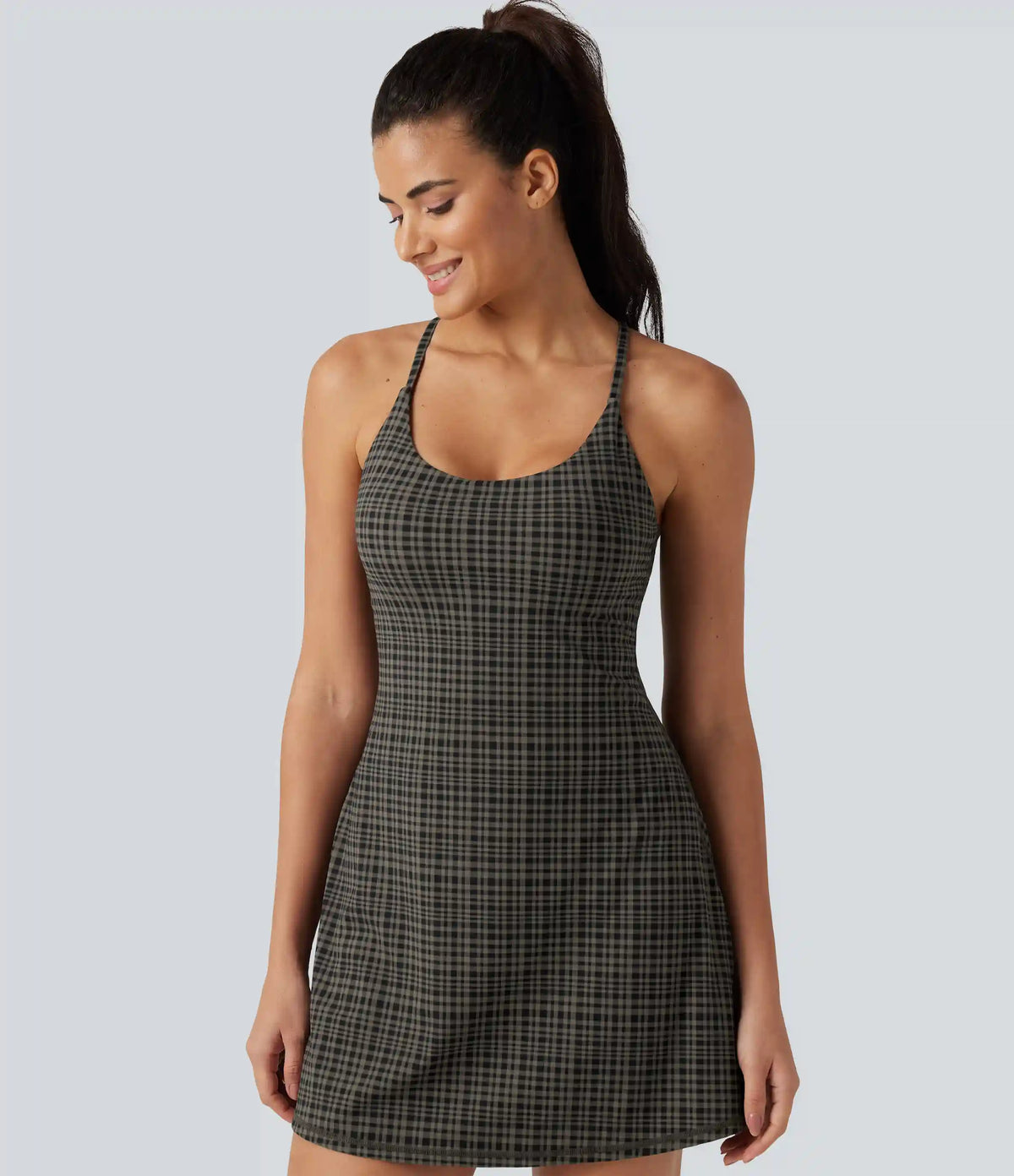 Halara UltraSculpt™ Plaid Print Built-in Bra 2-in-1 Mini Dance Active Dress with Pockets-Easy Peezy Edition