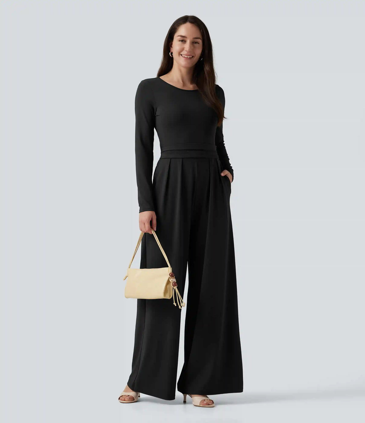 Round Neck Long Sleeve Wide Leg Casual Jumpsuit with Pockets-Easy Peezy Edition
