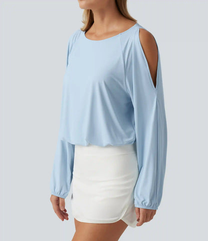 Quick Dry Boat Neck Cold Shoulder Long Sleeve Yoga Sports Top
