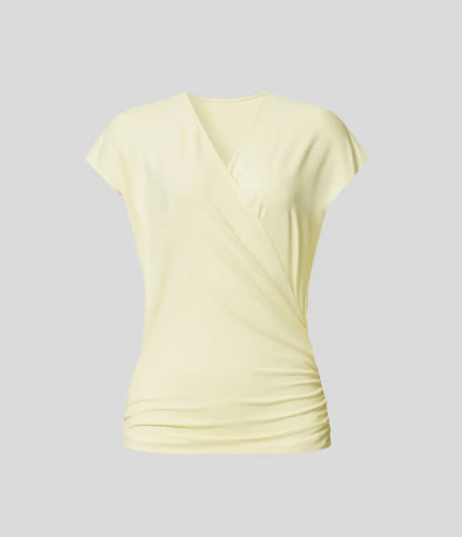 V Neck Cap Sleeve Crossover Ruched Solid Work Blouse