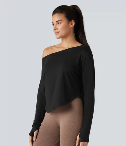 One Shoulder Long Sleeve Thumb Hole Curved Hem High Low Quick Dry Yoga Sports Top