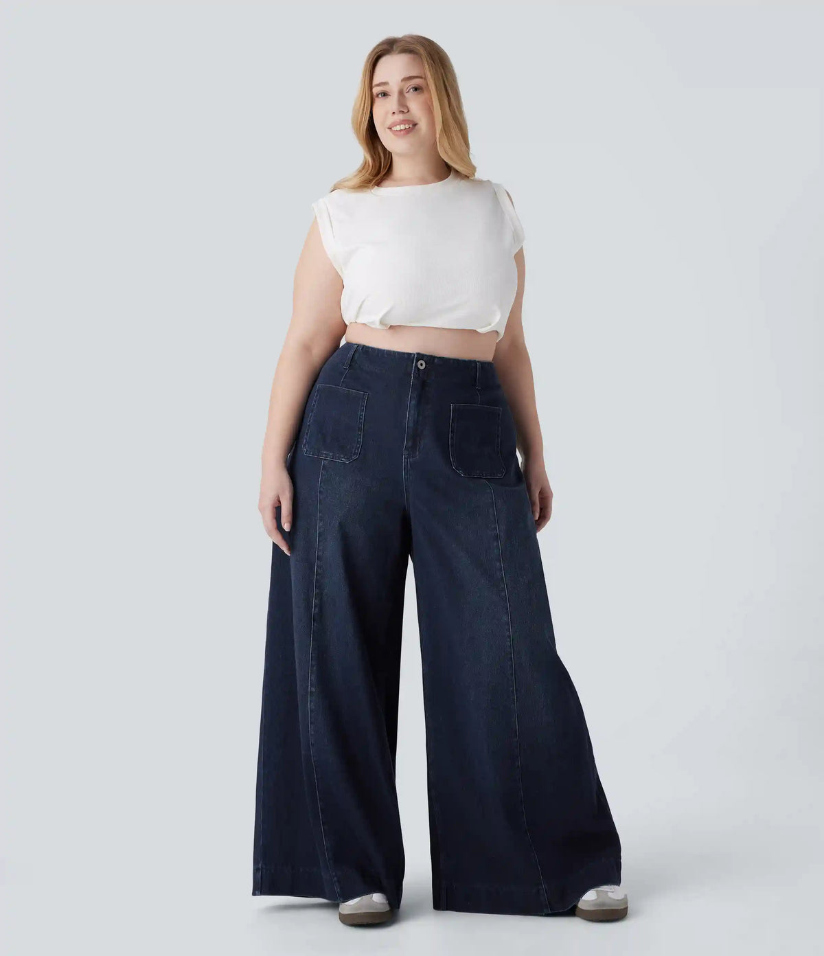 Halara Flex™ High Waisted Pockets Washed Casual Wide Leg Plus Size Jeans
