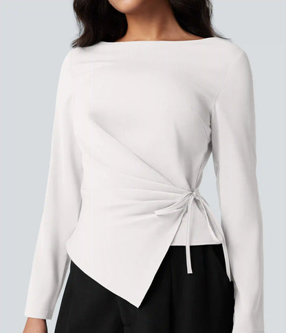 Wrinkle Recovery Boat Neck Long Sleeve Ruched Tie Work Blouse