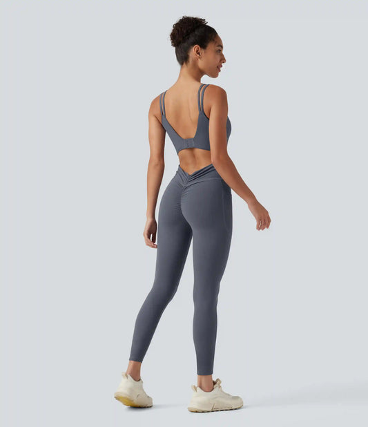 Halara UltraSculpt™ Non-Removable Pad Tummy Control Butt Lifting Ruched Yoga Jumpsuit with Pockets-Easy Peezy Edition
