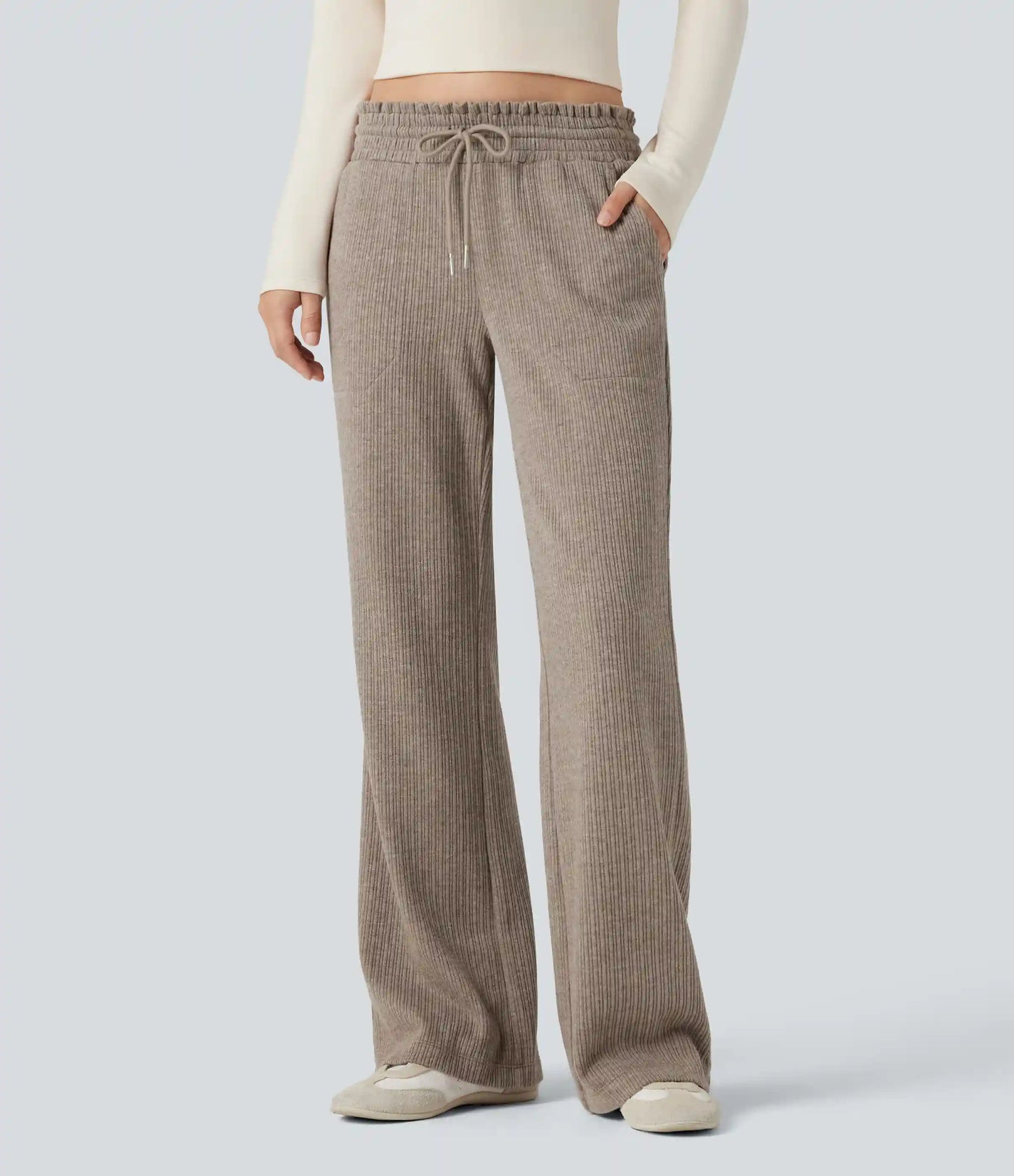 Ribbed Knit Low Rise Drawstring Casual Bootcut Pants with Pockets