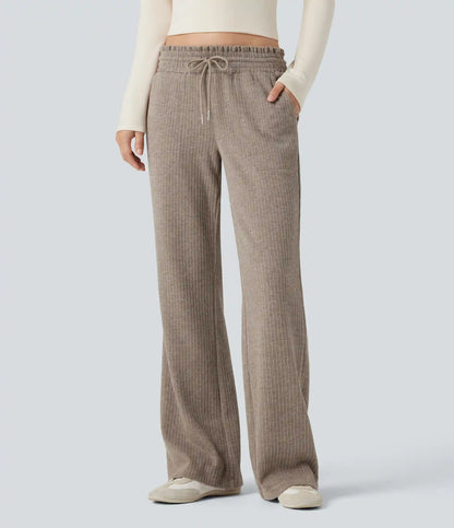 Ribbed Knit Low Rise Drawstring Casual Bootcut Pants with Pockets