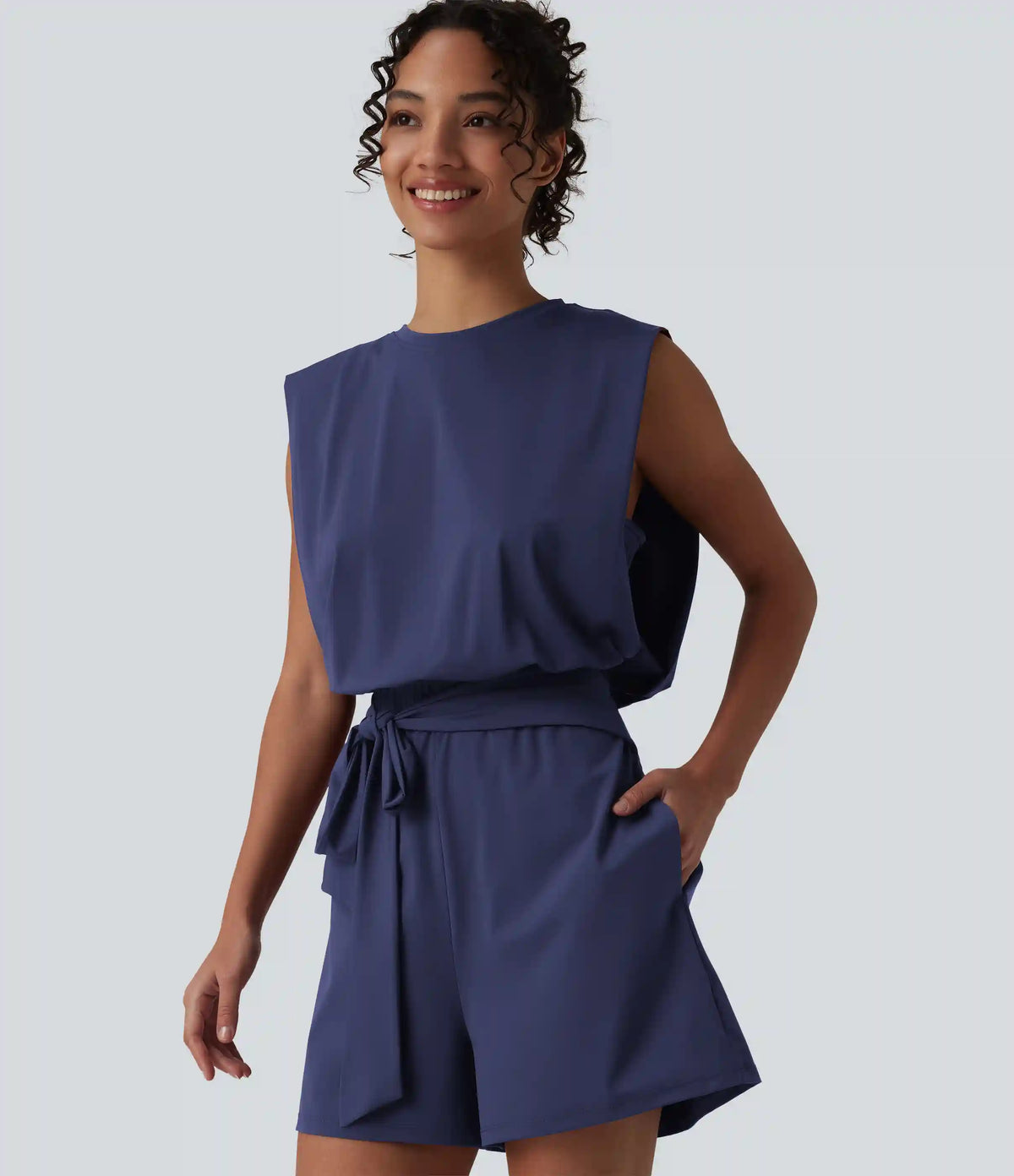 Round Neck Sleeveless Tie-front Cool Touch Casual Romper with Pockets-Easy Peezy-UPF50+