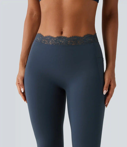 Halara UltraSculpt™ Mid Rise Contrast Lace Ruched Flare Yoga Leggings with Pockets