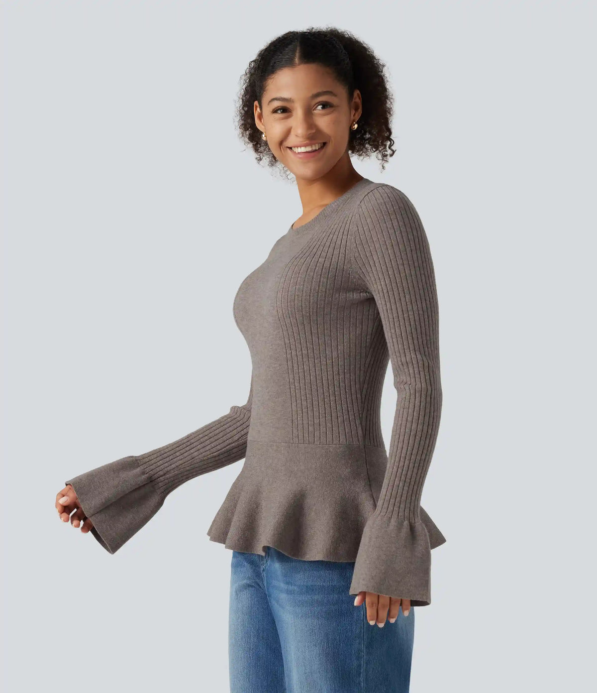 Round Neck Long Sleeve Ruffle Hem Slim Work Sweater