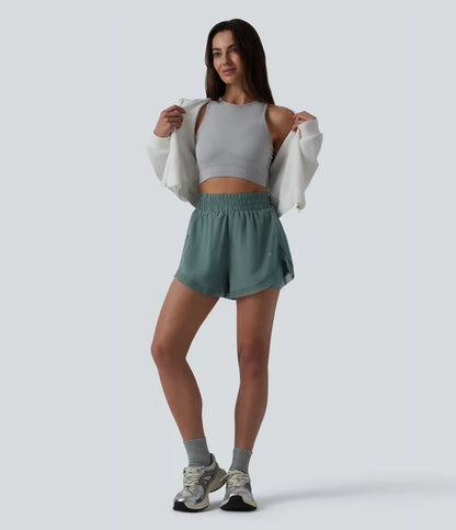 High Waisted Contrast Mesh 2-in-1 Running Shorts with Pockets