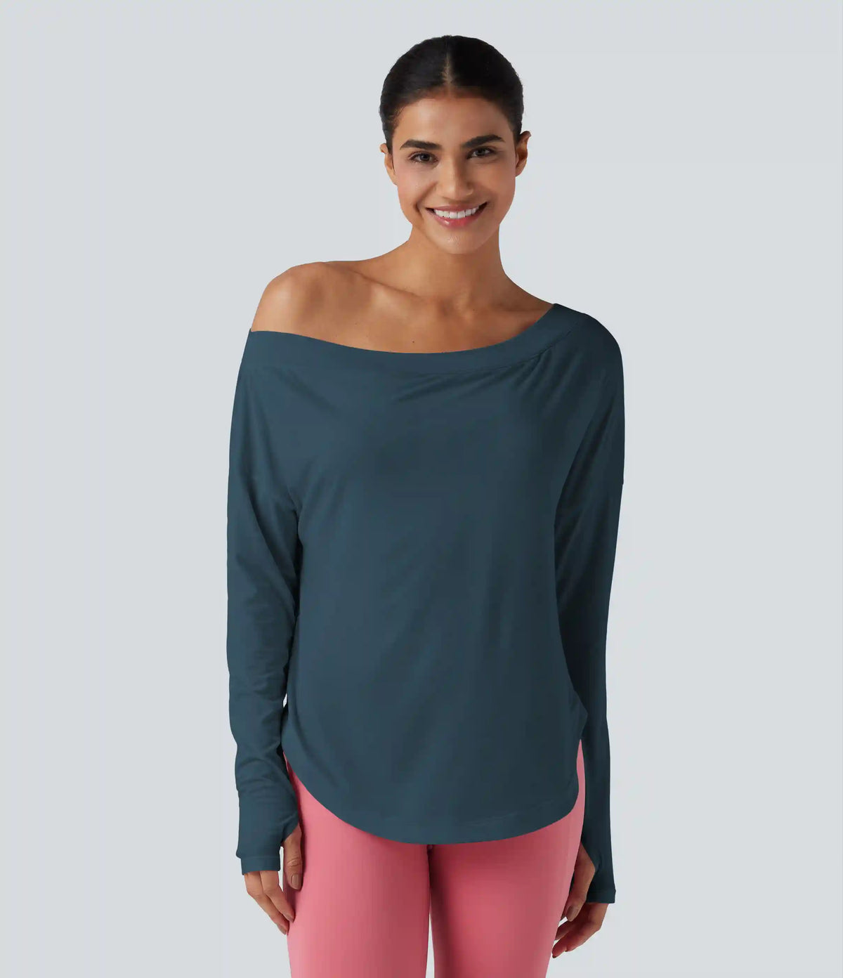 One Shoulder Long Sleeve Thumb Hole Curved Hem High Low Quick Dry Yoga Sports Top-Built-in Bra