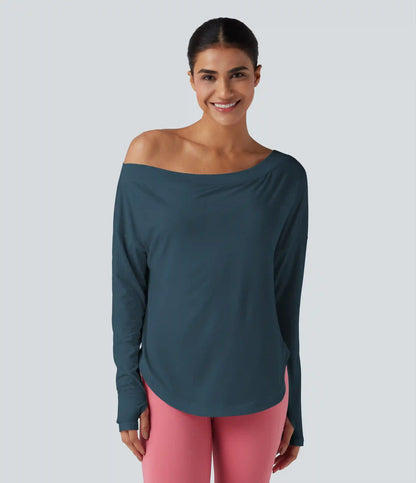 One Shoulder Long Sleeve Thumb Hole Curved Hem High Low Quick Dry Yoga Sports Top-Built-in Bra