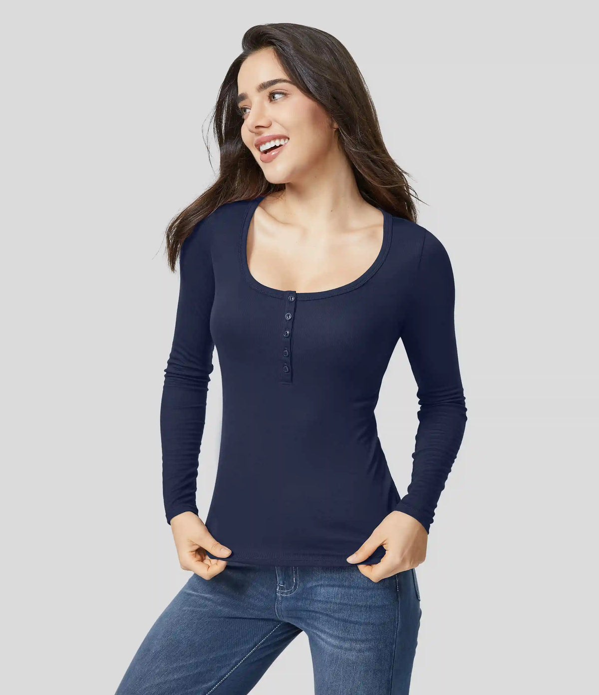 Ribbed Henley Neck Long Sleeve Slim Casual T-Shirt