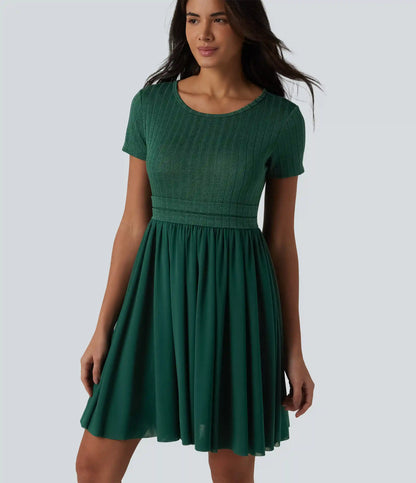 Round Neck Short Sleeve Contrast Mesh Mini Casual Flowy Dress