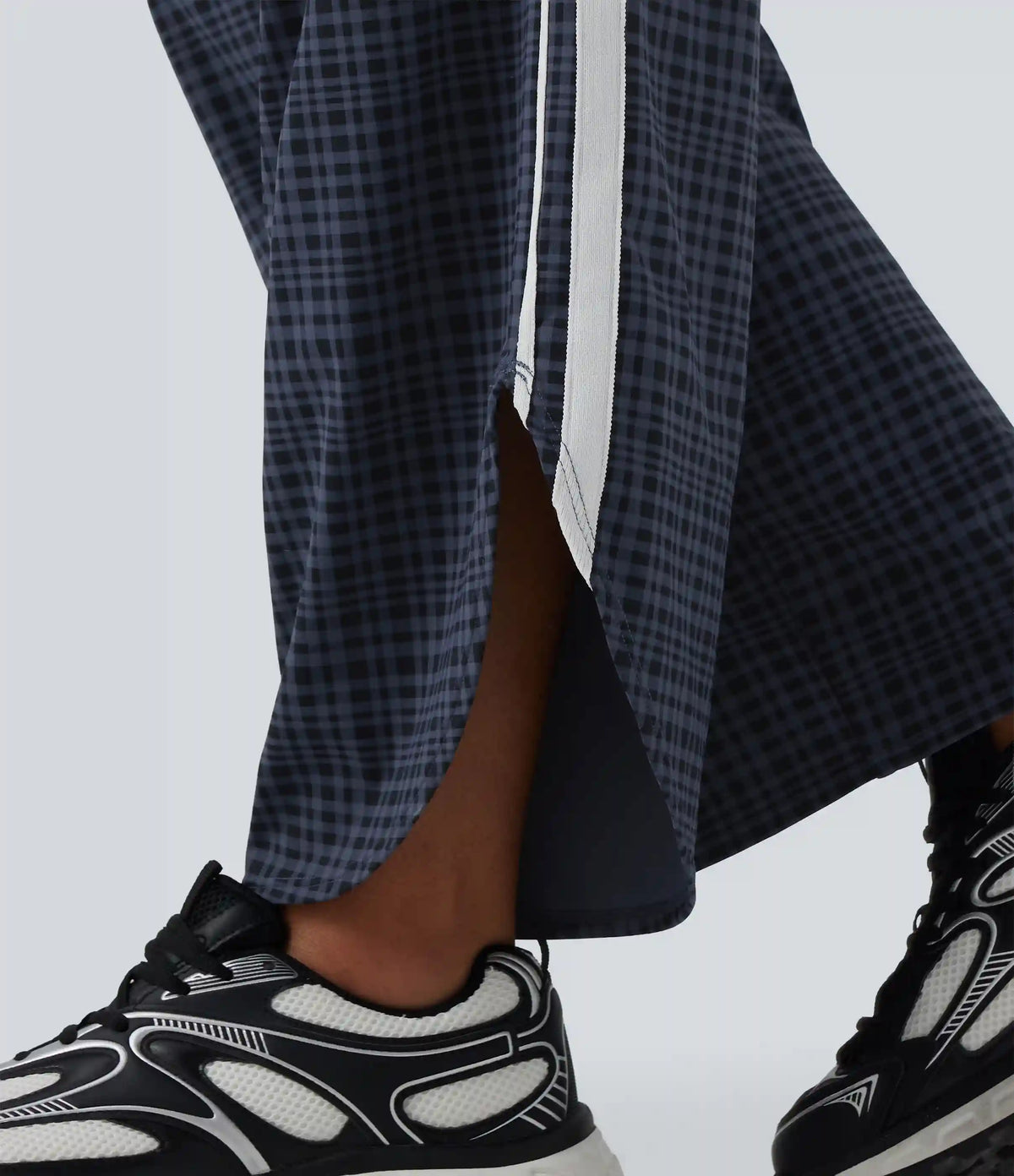 High Waisted Tummy Control Plaid Wide Leg Running Pants with Pockets