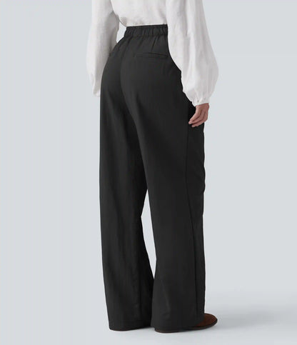 High Waisted Drawstring Straight Leg Work Pants with Pockets