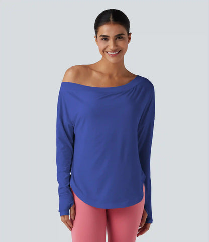 One Shoulder Long Sleeve Thumb Hole Curved Hem High Low Quick Dry Yoga Sports Top-Built-in Bra